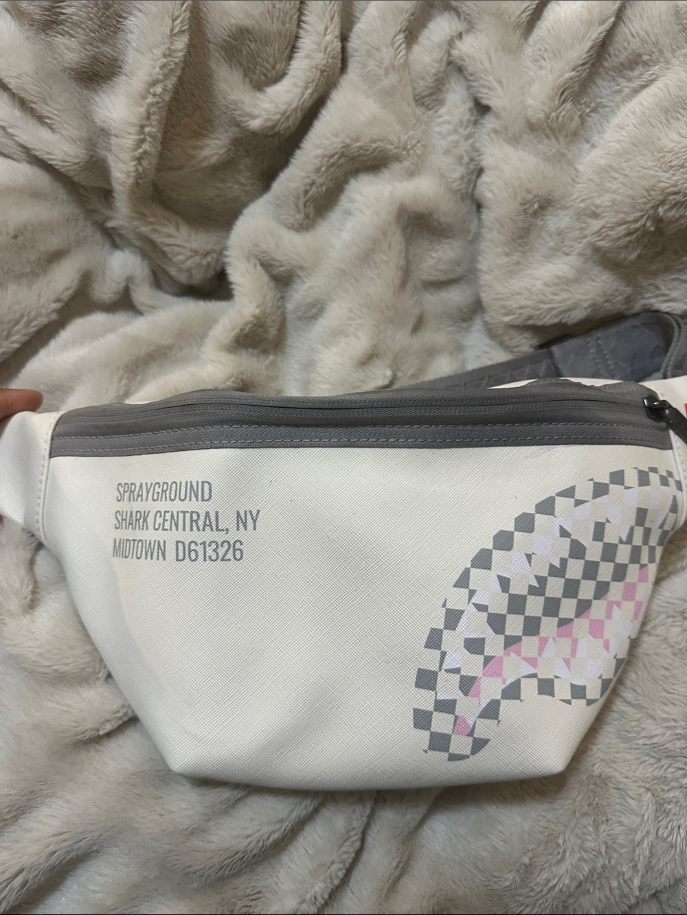 Sprayground White & Gray Checkerboard Waist Bag with Pink Accents